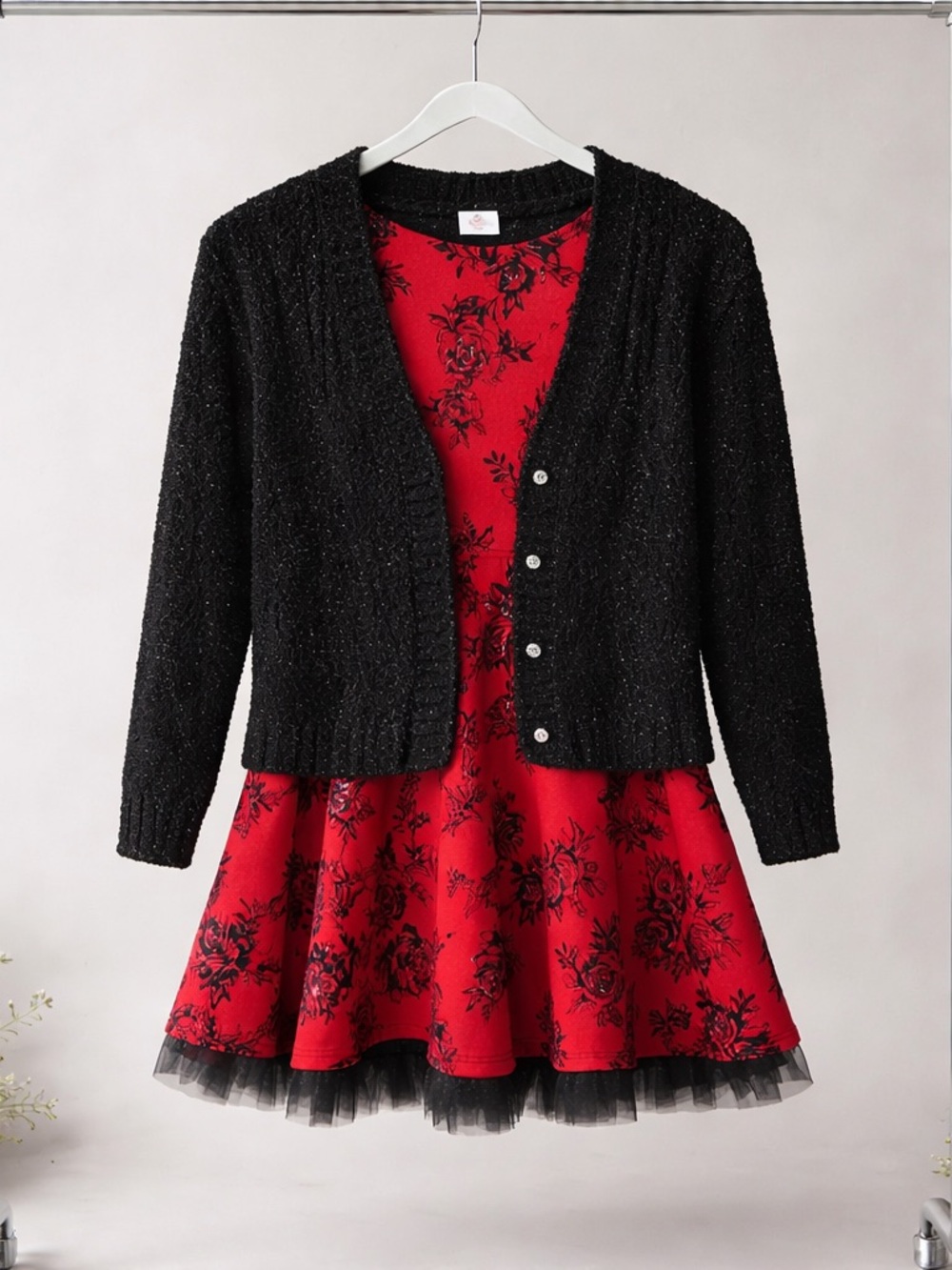 Kids Beautees Red Floral Dress with Black Cardigan